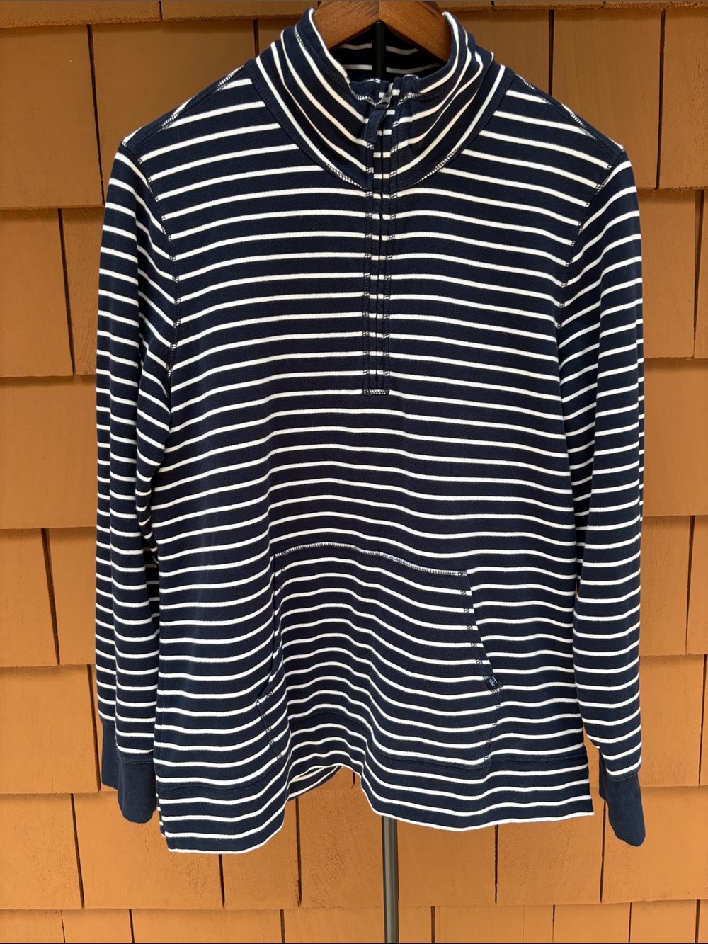 LL Bean Navy Stripe Ultrasoft Quarter‎ Zip Pullover Athleisure Sweater Womens L